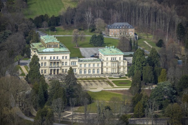 Aerial photograph, Villa Hügel, former residence and representative house of the Krupp industrial family, Essen-Bredeney, Essen, Ruhr area, North Rhine-Westphalia, Germany, DE, Europe, Hügelpark, Kruppwald, art gallery, aerial photograph, aerial photography, aerial photography, park, overview, bird's-eye view, birds-eyes view, overview