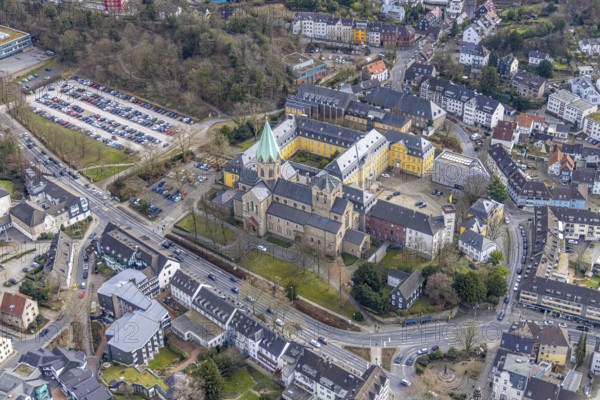 Aerial view, catholic church basilica St. Ludgerus, Werden, Essen, Ruhr area, North Rhine-Westphalia, Germany, place of worship, DE, Europe, religious community, place of worship, holy place, church, parish, denomination, aerial view, aerial photography, aerial photography, religion, religious site, overview, bird's-eye view, overview