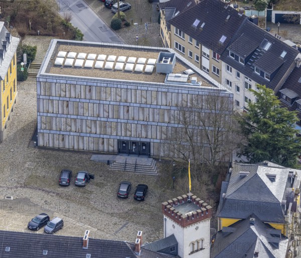 Aerial view, Folkwang Library, Basilica of St. Ludgerus, Werden, Essen, Ruhr area, North Rhine-Westphalia, Germany, place of worship, DE, Europe, religious community, place of worship, holy place, church, parish, denomination, aerial photograph, aerial photography, aerial photography, religion, religious site, overview, university library, bird's-eye view, birds-eyes view, overview
