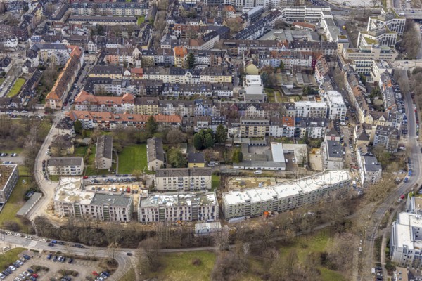 Aerial view, construction site new building RüBogen, Gummertstraße residential development, Essen-Rüttenscheid, Essen, Ruhr area, North Rhine-Westphalia, Germany, construction work, construction area, construction site, building plots, construction crane, construction project, construction site, DE, Europe, property tax, Herthastraße, real estate, capacity requirement, aerial view, aerial photography, aerial photography, new building, overview, bird's eye view, residential complex, Wohnbau eG, residential area, residential buildings, birds-eyes view, overview