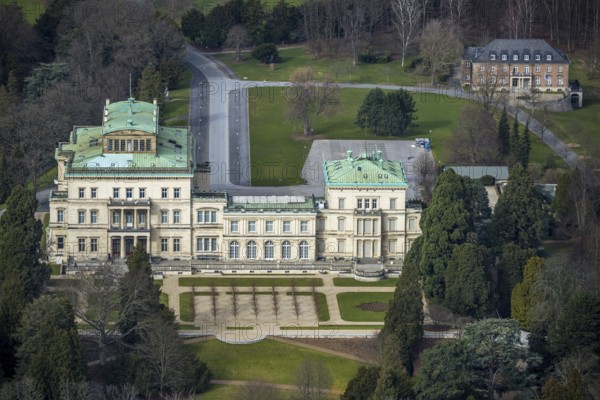 Aerial photograph, Villa Hügel, former residence and representative house of the Krupp industrial family, Essen-Bredeney, Essen, Ruhr area, North Rhine-Westphalia, Germany, DE, Europe, Hügelpark, Kruppwald, art gallery, aerial photograph, aerial photography, aerial photography, park, overview, bird's-eye view, birds-eyes view, overview