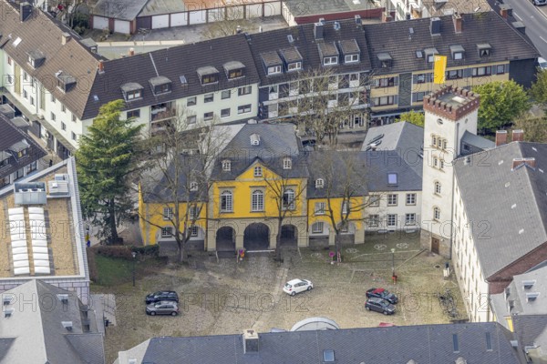 Aerial view, catholic church Basilica St. Ludgerus, Mensa Campus Folkwang, Werden, Essen, Ruhr area, North Rhine-Westphalia, Germany, place of worship, DE, Europe, religious community, place of worship, holy place, church, parish, denomination, aerial view, aerial photography, aerial photography, religion, religious site, overview, bird's eye view, birds-eyes view, overview