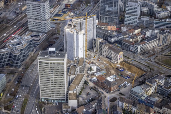 Aerial view, demolition of the Ypsilon-Haus of the RWE headquarters Essen in Huyssenallee, planned new building for office campus, Südviertel, Essen, Ruhr area, North Rhine-Westphalia, Germany, demolition work, construction work, construction area, construction site, construction project, construction site, office complex, DE, energy company, Europe, aerial view, aerial photography, aerial photography, overview, bird's-eye view, birds-eyes view, overview