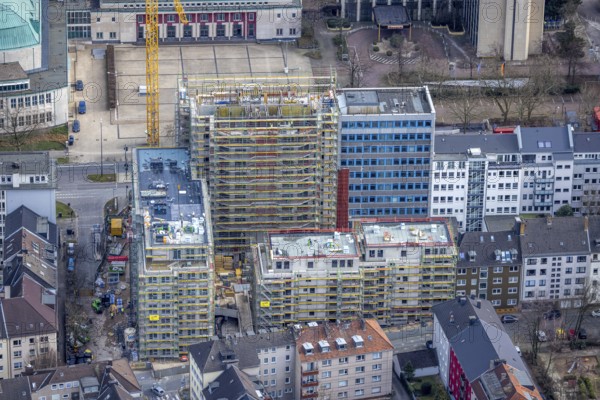 Aerial view, Huyssenallee, construction site, new building complex with residential tower and senior citizens' flats on Huyssenallee, Südviertel, Essen, Ruhr area, North Rhine-Westphalia, Germany, expansion areas, construction work, construction, construction area, construction site, construction crane, construction measure, construction project, construction site, care and nursing, DE, renovation, development, Europe, gastronomy, hotel, hotel facilities, hotel industry, capacity requirements, concert hall, aerial view, aerial photography, aerial photography, new construction, care facility, retirement home, retirement centre, Sheraton Essen Hotel, overview, bird's-eye view, becoming and growing, birds-eyes view, overview