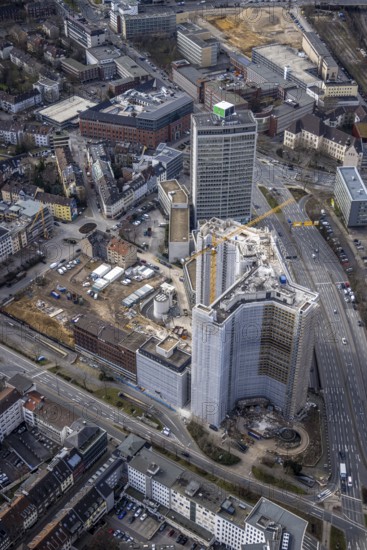 Aerial view, demolition of the Ypsilon-Haus of the RWE headquarters Essen in Huyssenallee, planned new building for office campus, Südviertel, Essen, Ruhr area, North Rhine-Westphalia, Germany, demolition work, construction work, construction area, construction site, construction project, construction site, office complex, DE, energy company, Europe, aerial view, aerial photography, aerial photography, overview, bird's-eye view, birds-eyes view, overview
