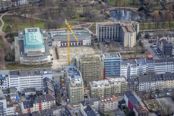 Aerial view, Philharmonie Essen, Huyssenallee, construction site, new building complex with residential tower and senior citizens' flats on Huyssenallee, Südviertel, Essen, Ruhr area, North Rhine-Westphalia, Germany, expansion areas, construction work, construction, construction area, construction site, construction crane, construction measure, construction project, construction site, care and nursing, DE, renewal, development, Europe, catering, hotel, hotel facilities, hotel industry, capacity requirements, concert hall, culture, art, aerial photography, aerial photography, aerial photography, new building, care facility, retirement home, retirement centre, Sheraton Essen Hotel, overview, events, event location, event venue, event centre, bird's eye view, becoming and growing, birds-eyes view, cultural use, overview