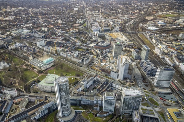 Aerial view, demolition of the Ypsilon-Haus of the RWE headquarters Essen in Huyssenallee, planned new building for office campus, Südviertel, Essen, Ruhr area, North Rhine-Westphalia, Germany, demolition work, construction work, construction area, construction site, construction project, construction site, office complex, DE, energy company, Europe, aerial view, aerial photography, aerial photography, overview, bird's-eye view, birds-eyes view, overview