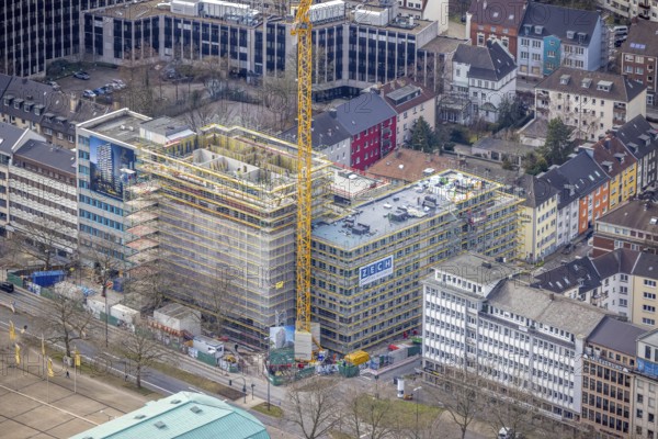Aerial view, construction site, new building complex with residential tower and senior citizens' flats on Huyssenallee, Südviertel, Essen, Ruhr area, North Rhine-Westphalia, Germany, construction work, construction area, building site, building plots, construction project, construction site, DE, Europe, aerial view, aerial photography, aerial photography, new building, overview, bird's-eye view, overview