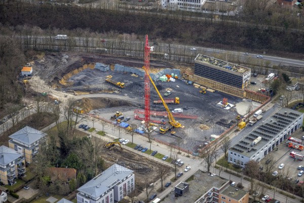 Aerial view, construction site, new building project residential development on the site of the Paas haulage company, formerly part of Langenbrahm colliery, Ursulastrasse corner Manfredstrasse, Essen-Rüttenscheid, Essen, Ruhr area, North Rhine-Westphalia, Germany, construction, construction crane, construction project, DE, Europe, aerial view, aerial photography, aerial photography, overview, bird's-eye view, overview