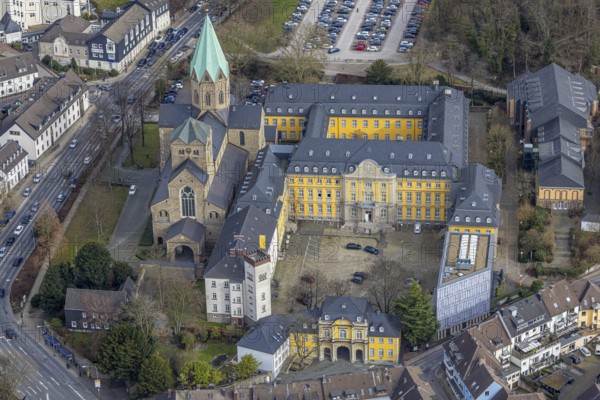 Aerial view, catholic church basilica St. Ludgerus, Werden, Essen, Ruhr area, North Rhine-Westphalia, Germany, place of worship, DE, Europe, religious community, place of worship, holy place, church, parish, denomination, aerial view, aerial photography, aerial photography, religion, religious site, overview, bird's-eye view, overview