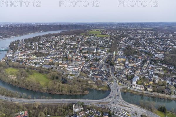 Aerial view, Brehminsel and Ruhr bridge over the river Ruhr, Werden, Essen, Ruhr area, North Rhine-Westphalia, Germany, bridge, DE, Europe, aerial view, aerial photography, aerial photography, Ruhrtalstraße, overview, bird's-eye view, birds-eyes view, overview