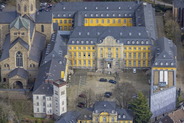 Aerial view, catholic church basilica St. Ludgerus, Werden, Essen, Ruhr area, North Rhine-Westphalia, Germany, place of worship, DE, Europe, religious community, place of worship, holy place, church, parish, denomination, aerial view, aerial photography, aerial photography, religion, religious site, overview, bird's-eye view, overview