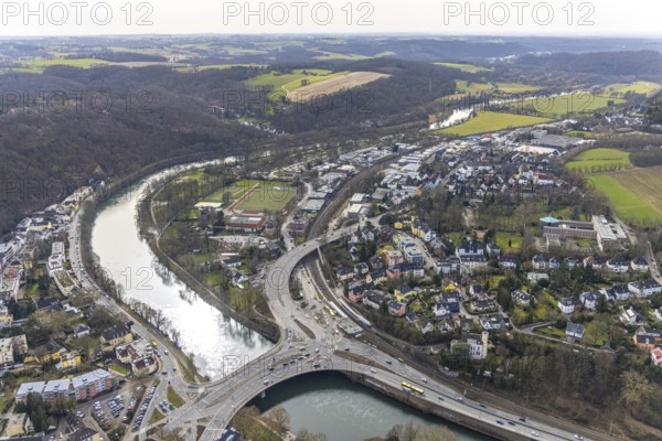 Aerial view, park and sports field in Löwental, Ruhrtalstraße with Ruhr bridge over the river Ruhr, Werden, Essen, Ruhr area, North Rhine-Westphalia, Germany, bridge, DE, Europe, aerial view, aerial photography, aerial photography, overview, bird's eye view, birds-eyes view, overview