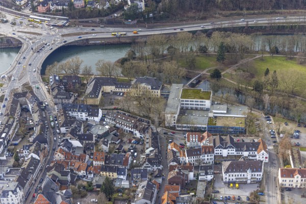 Aerial view, park and sports field in Löwental, Ruhrtalstraße with Ruhr bridge over the river Ruhr, Werden, Essen, Ruhr area, North Rhine-Westphalia, Germany, bridge, DE, Europe, aerial view, aerial photography, aerial photography, overview, bird's eye view, birds-eyes view, overview