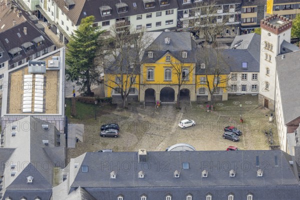 Aerial view, catholic church Basilica St. Ludgerus, Mensa Campus Folkwang, Werden, Essen, Ruhr area, North Rhine-Westphalia, Germany, place of worship, DE, Europe, religious community, place of worship, holy place, church, parish, denomination, aerial view, aerial photography, aerial photography, religion, religious site, overview, bird's eye view, birds-eyes view, overview