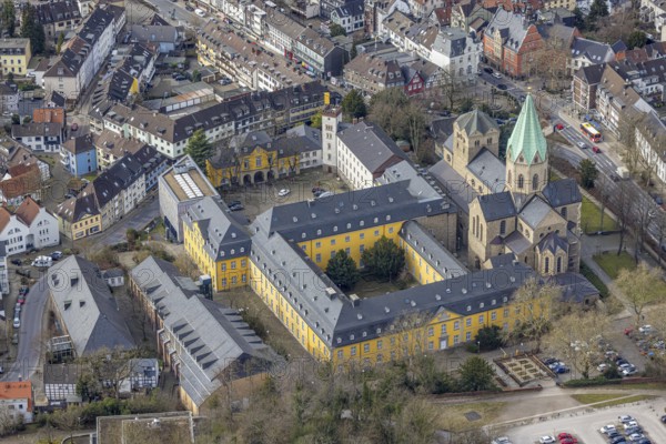 Aerial view, catholic church basilica St. Ludgerus, Werden, Essen, Ruhr area, North Rhine-Westphalia, Germany, place of worship, DE, Europe, religious community, place of worship, holy place, church, parish, denomination, aerial view, aerial photography, aerial photography, religion, religious site, overview, bird's-eye view, overview