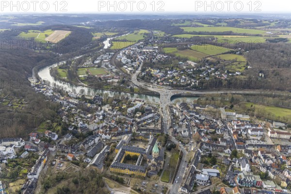 Aerial view, park and sports field in Löwental, Ruhrtalstraße with Ruhr bridge over the river Ruhr, Werden, Essen, Ruhr area, North Rhine-Westphalia, Germany, bridge, DE, Europe, aerial view, aerial photography, aerial photography, overview, bird's eye view, birds-eyes view, overview
