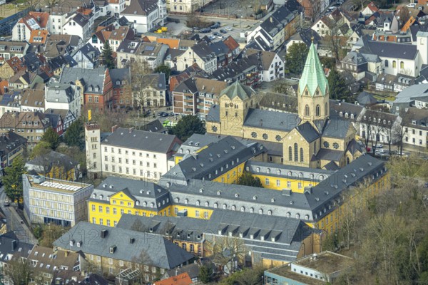 Aerial view, catholic church basilica St. Ludgerus, Werden, Essen, Ruhr area, North Rhine-Westphalia, Germany, place of worship, DE, Europe, religious community, place of worship, holy place, church, parish, denomination, aerial view, aerial photography, aerial photography, religion, religious site, overview, bird's-eye view, overview