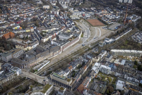 Aerial view, Grugaplatz, Grugaweg, Rüttenscheider Straße bridge, Essen-Rüttenscheid, Essen, Ruhr area, North Rhine-Westphalia, Germany, bridge, DE, Europe, aerial view, aerial photography, aerial photography, car parks, overview, bird's-eye view, overview