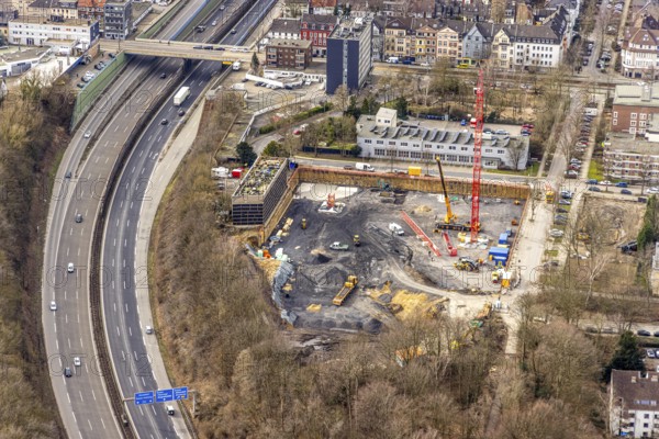 Aerial view, construction site, new building project residential development on the site of the Paas haulage company, formerly part of Langenbrahm colliery, Ursulastrasse corner Manfredstrasse, Essen-Rüttenscheid, Essen, Ruhr area, North Rhine-Westphalia, Germany, construction, construction crane, construction project, DE, Europe, aerial view, aerial photography, aerial photography, overview, bird's-eye view, overview
