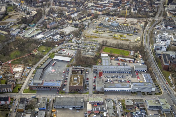 Aerial view, construction site at Ruhrbahn depot city centre, volunteer fire brigade Essen-Mitte, Ostviertel, Essen, Ruhr area, North Rhine-Westphalia, Germany, construction work, construction area, construction site, building site, construction project, construction site, depot, fire fighter, fire protection, fire station, DE, Europe, fire station, fire brigade, helipad, aerial view, aerial photography, aerial photography, new building, rescue station, overview, bird's eye view, birds-eyes view, overview