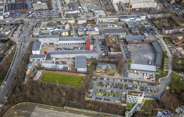 Aerial photo, fire brigade Essen, eastern district, Essen, Ruhr area, North Rhine-Westphalia, Germany, fire fighter, fire protection, fire watch, DE, iron hand, Europe, fire engine, fire station, fire brigade, fire engine, volunteer fire brigade, helipad, aerial photo, aerial photography, aerial photography, photovoltaic, photovoltaic system, rescue station, solar, solar system, solar energy, solar power, overview, bird's eye view, birds-eyes view, overview