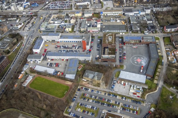 Aerial photo, fire brigade Essen, eastern district, Essen, Ruhr area, North Rhine-Westphalia, Germany, fire fighter, fire protection, fire watch, DE, iron hand, Europe, fire engine, fire station, fire brigade, fire engine, volunteer fire brigade, helipad, aerial photo, aerial photography, aerial photography, photovoltaic, photovoltaic system, rescue station, solar, solar system, solar energy, solar power, overview, bird's eye view, birds-eyes view, overview