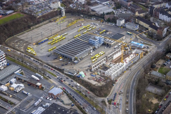 Aerial view, construction site, new hall construction Ruhrbahn depot, Ostviertel, Essen, Ruhr area, North Rhine-Westphalia, Germany, construction work, construction area, construction site, building plots, construction project, construction site, bus station, DE, Europe, aerial view, aerial photography, aerial photography, new construction, tramway, overview, bird's-eye view, overview