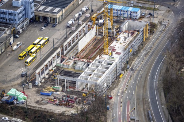 Aerial view, construction site, new hall construction Ruhrbahn depot, Ostviertel, Essen, Ruhr area, North Rhine-Westphalia, Germany, construction work, construction area, construction site, building plots, construction project, construction site, bus station, DE, Europe, aerial view, aerial photography, aerial photography, new construction, tramway, overview, bird's-eye view, overview