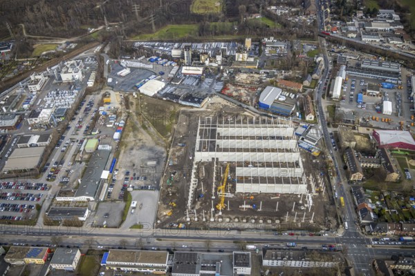 Aerial view, new construction, construction site Elisenstraße, former Graf Beust colliery site, Ostviertel, Essen, Ruhr area, North Rhine-Westphalia, Germany, construction work, construction area, construction site, building plots, construction project, construction site, DE, Europe, aerial view, aerial photography, aerial photography, new construction, overview, bird's-eye view, former coal mine, overview