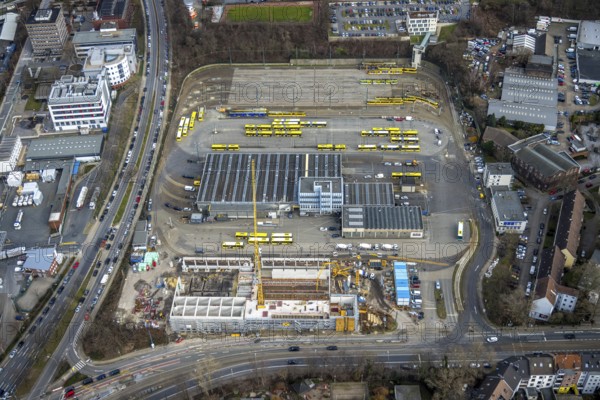Aerial view, construction site, new hall construction Ruhrbahn depot, Ostviertel, Essen, Ruhr area, North Rhine-Westphalia, Germany, construction work, construction area, construction site, building plots, construction project, construction site, bus station, DE, Europe, aerial view, aerial photography, aerial photography, new construction, tramway, overview, bird's-eye view, overview