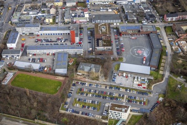 Aerial photo, fire brigade Essen, eastern district, Essen, Ruhr area, North Rhine-Westphalia, Germany, fire fighter, fire protection, fire watch, DE, iron hand, Europe, fire engine, fire station, fire brigade, fire engine, volunteer fire brigade, helipad, aerial photo, aerial photography, aerial photography, photovoltaic, photovoltaic system, rescue station, solar, solar system, solar energy, solar power, overview, bird's eye view, birds-eyes view, overview
