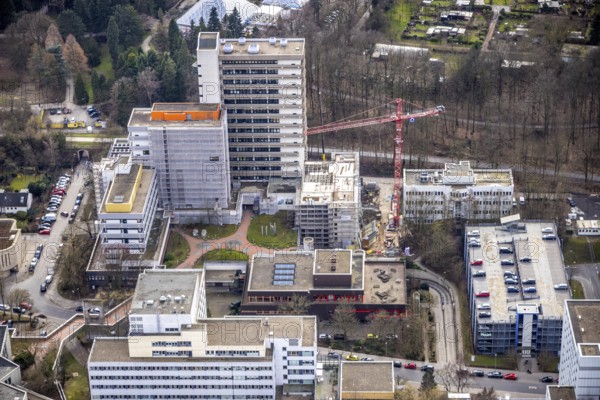 Aerial view, University Hospital Essen, construction site at the building Institute Group 1 (IG1), Mensa Campus Klinikum, Essen-Holsterhausen, Essen, Ruhr area, North Rhine-Westphalia, Germany, construction work, construction area, construction site, building plots, construction measure, construction project, construction site, DE, Europe, LLZ, Teaching and Learning Centre of the Medical Faculty of the University of Duisburg-Essen, aerial view, aerial photography, aerial photography, new building, overview, university hospital, bird's eye view, birds-eyes view, overview