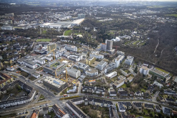 Aerial view, University Hospital Essen, construction site at the building Institute Group 1 (IG1), Mensa Campus Klinikum, Essen-Holsterhausen, Essen, Ruhr area, North Rhine-Westphalia, Germany, construction work, construction area, construction site, building plots, construction measure, construction project, construction site, DE, Europe, LLZ, Teaching and Learning Centre of the Medical Faculty of the University of Duisburg-Essen, aerial view, aerial photography, aerial photography, new building, overview, university hospital, bird's eye view, birds-eyes view, overview