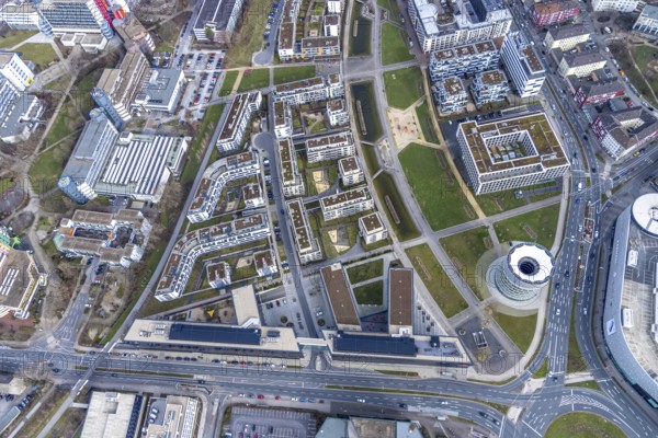 Aerial view, Funke Mediengruppe headquarters, Jakob-Funke-Platz 1, Green Centre Essen, Westviertel, Essen, Ruhr area, North Rhine-Westphalia, Germany, DE, development, Europe, Funke Mediengruppe, aerial view, aerial photography, aerial photography, media house, overview, bird's-eye view, newspaper publisher, birds-eyes view, overview