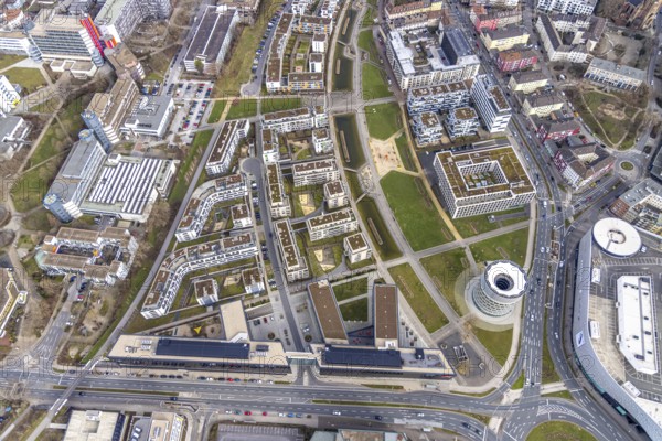 Aerial view, Funke Mediengruppe headquarters, Jakob-Funke-Platz 1, Green Centre Essen, Westviertel, Essen, Ruhr area, North Rhine-Westphalia, Germany, DE, development, Europe, Funke Mediengruppe, aerial view, aerial photography, aerial photography, media house, overview, bird's-eye view, newspaper publisher, birds-eyes view, overview