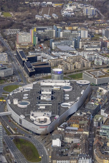Aerial view, shopping centre at Limbecker Platz, Funke Mediengruppe headquarters, city centre, Essen, Ruhr area, North Rhine-Westphalia, Germany, DE, shopping centre, shopping square, shopping centre, development, Europe, Funke Mediengruppe, Grüne Mitte Essen, aerial view, aerial photography, aerial photography, media house, shopping centre, overview, bird's-eye view, newspaper publisher, birds-eyes view, overview