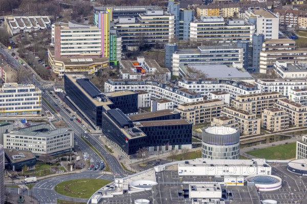 Aerial view, Funke Mediengruppe headquarters, Jakob-Funke-Platz 1, Green Centre Essen, Westviertel, Essen, Ruhr area, North Rhine-Westphalia, Germany, DE, development, Europe, Funke Mediengruppe, aerial view, aerial photography, aerial photography, media house, overview, bird's-eye view, newspaper publisher, birds-eyes view, overview