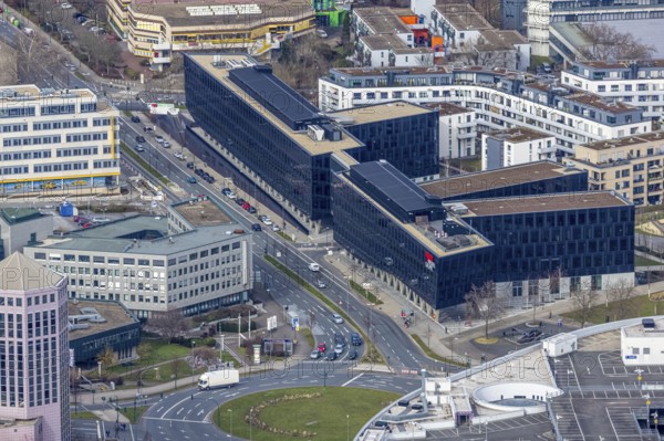 Aerial view, Funke Mediengruppe headquarters, Jakob-Funke-Platz 1, Westviertel, Essen, Ruhr area, North Rhine-Westphalia, Germany, DE, development, Europe, Funke Mediengruppe, Grüne Mitte Essen, aerial view, aerial photography, aerial photography, media house, overview, bird's-eye view, newspaper publisher, birds-eyes view, overview