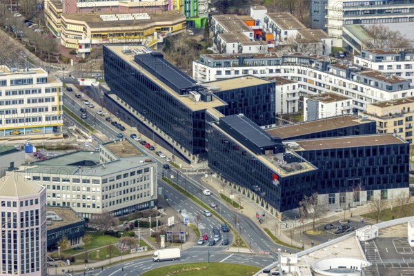 Aerial view, Funke Mediengruppe headquarters, Jakob-Funke-Platz 1, Westviertel, Essen, Ruhr area, North Rhine-Westphalia, Germany, DE, development, Europe, Funke Mediengruppe, Grüne Mitte Essen, aerial view, aerial photography, aerial photography, media house, overview, bird's-eye view, newspaper publisher, birds-eyes view, overview