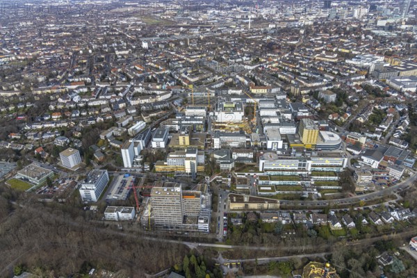Aerial view, Essen University Hospital, construction site at the Institute Group 1 (IG1) building, canteen on the hospital campus, Essen-Holsterhausen, Essen, Ruhr area, North Rhine-Westphalia, Germany