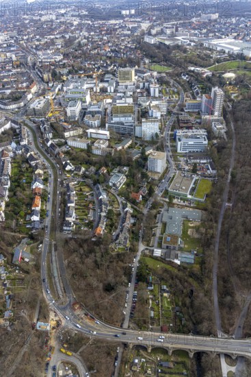Aerial view, University Hospital Essen, construction site at the building Institute Group 1 (IG1), Mensa Campus Klinikum, Essen-Holsterhausen, Essen, Ruhr area, North Rhine-Westphalia, Germany, construction work, construction area, construction site, building plots, construction measure, construction project, construction site, DE, Europe, LLZ, Teaching and Learning Centre of the Medical Faculty of the University of Duisburg-Essen, aerial view, aerial photography, aerial photography, new building, overview, university hospital, bird's eye view, birds-eyes view, overview