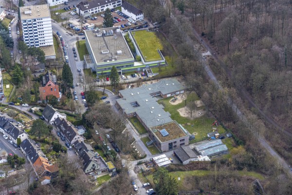 Aerial view, company day care centre UK Essen Am Mühlenbach, West German Proton Therapy Centre Essen, Essen-Holsterhausen, Essen, Ruhr area, North Rhine-Westphalia, Germany, DE, Europe, kindergarten, kindergarten university hospital, day nursery, day care centre, day care centre, aerial photograph, aerial photography, aerial photography, overview, bird's-eye view, overview