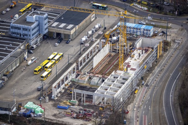Aerial view, construction site, new hall construction Ruhrbahn depot, Ostviertel, Essen, Ruhr area, North Rhine-Westphalia, Germany, construction work, construction area, construction site, building plots, construction project, construction site, bus station, DE, Europe, aerial view, aerial photography, aerial photography, new construction, tramway, overview, bird's-eye view, overview
