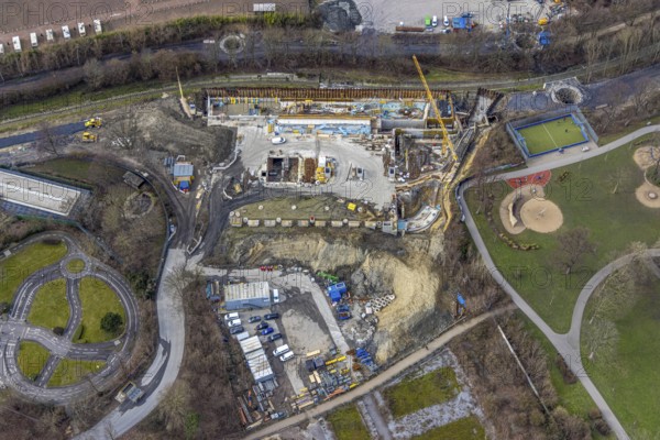 Aerial view, construction site in Nordpark, Nordviertel, Essen, Ruhr area, North Rhine-Westphalia, Germany, construction work, construction area, construction site, building plots, construction project, construction site, Berne, DE, Europe, aerial view, aerial photography, aerial photography, new construction, overview, bird's-eye view, overview
