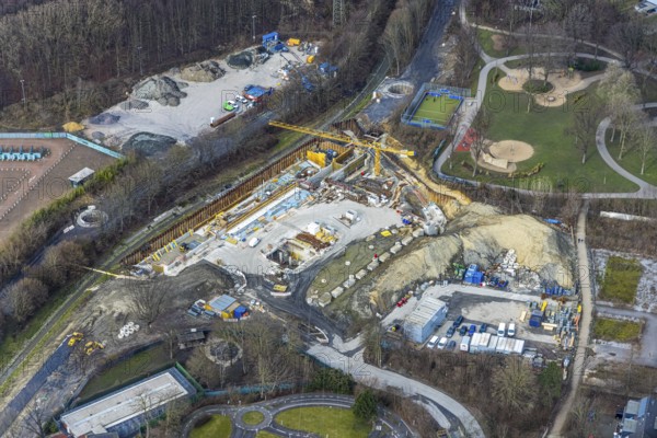Aerial view, construction site in Nordpark, Nordviertel, Essen, Ruhr area, North Rhine-Westphalia, Germany, Altenbergstraße, construction work, construction area, building plots, construction project, construction site, Berne, DE, Europe, aerial view, aerial photography, aerial photography, new construction, overview, bird's-eye view, overview