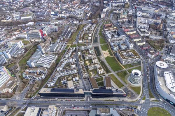 Aerial view, Funke Mediengruppe headquarters, Jakob-Funke-Platz 1, Green Centre Essen, Westviertel, Essen, Ruhr area, North Rhine-Westphalia, Germany, DE, development, Europe, Funke Mediengruppe, aerial view, aerial photography, aerial photography, media house, overview, bird's-eye view, newspaper publisher, birds-eyes view, overview