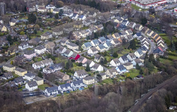 Aerial view, residential estate Rüggenkamp, Honigmannstraße, Essen-Stoppenberg, Essen, Ruhr area, North Rhine-Westphalia, Germany, DE, Europe, shapes and colours, property tax, real estate, aerial view, aerial photography, aerial photography, overview, bird's-eye view, residential estate, residential area, residential buildings, residential quality, residential quarter, housing estate, birds-eyes view, overview