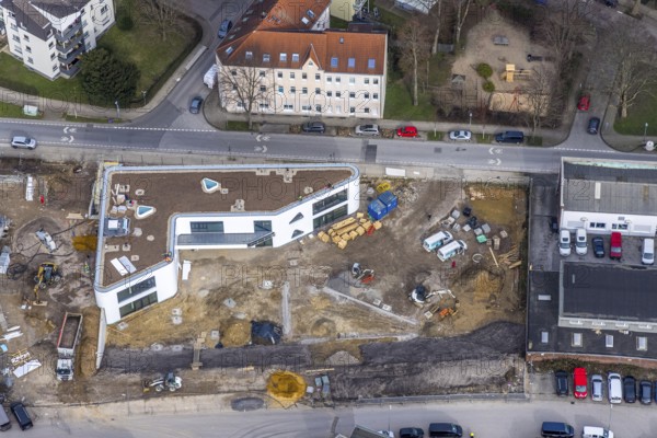 Aerial view, new construction site Eckenbergstraße, Essen-Kray, Essen, Ruhr area, North Rhine-Westphalia, Germany, construction work, construction area, construction site, building plots, construction project, construction site, DE, Europe, aerial view, aerial photography, aerial photography, new construction, overview, bird's-eye view, overview