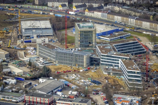 Aerial view, new construction ALDI-Nord Campus, Eckenbergstraße / Am Luftschacht, Essen-Kray, Essen, Ruhr area, North Rhine-Westphalia, Germany, construction work, construction area, building site, building plots, construction crane, construction measure, construction project, construction site, Buderus branch Essen - Bosch Thermotechnik, DE, development, Europe, commercial enterprises, commercial area, commercial park, commercial site, commercial use, industrial site, capacity requirement, aerial view, aerial photography, aerial photography, new construction, overview, bird's-eye view, overview